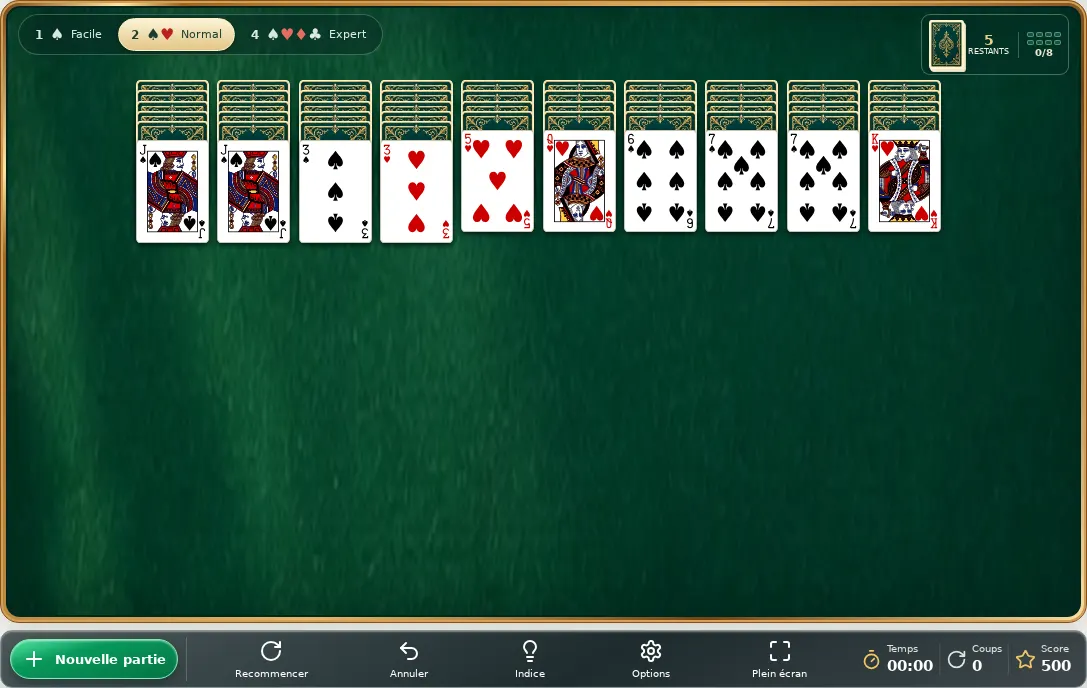 Tableau initial de SolitaireDirect avec dix colonnes et cinq distributions dans la pioche