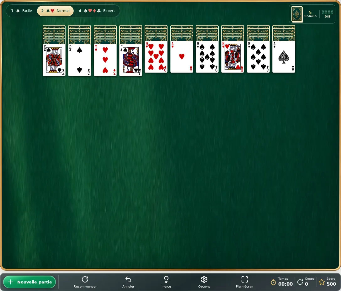 Tableau initial de SolitaireDirect avec le mode deux couleurs sélectionné